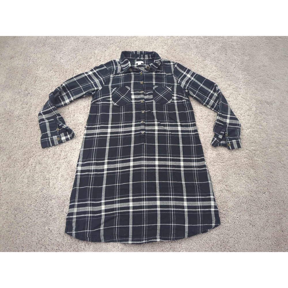 Merona Shirt Dress Womens Large Black Plaid Long Sleeve 100% Cotton Flannel